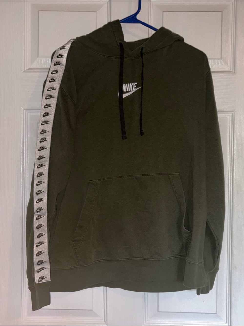 Nike Olive Green Hoodie with White Logo Tape and Black Drawstrings